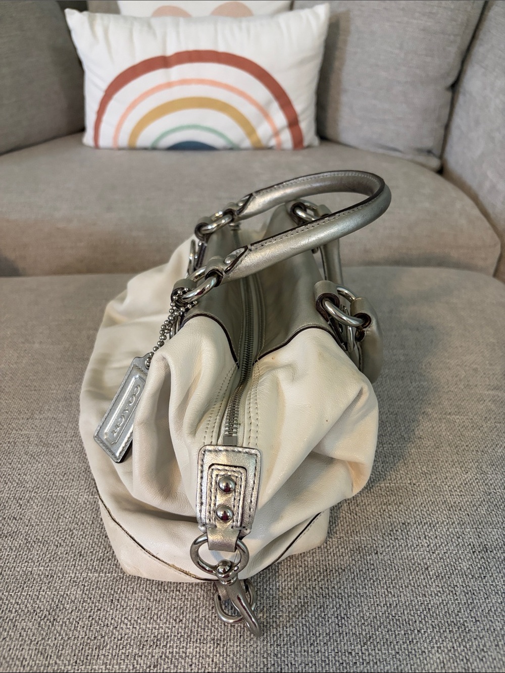 Coach Cream Satchel with Metallic Silver Accents - Picture 4 of 8